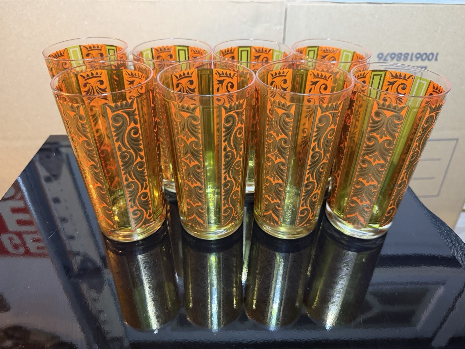 Vintage Georges Briard Pageant Highball Glasses Set of 8 - 22K Gold MCM Orange