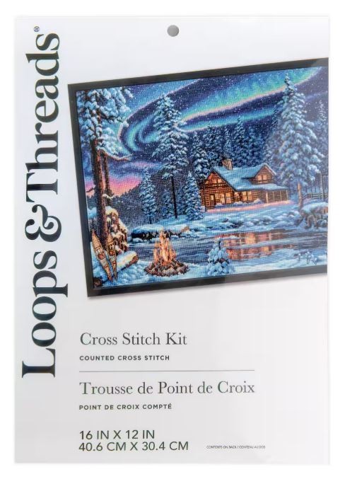 Loops & Threads Counted Cross Stitch Kit Northern Lights Cabin Snow Winter Loops & Threads Counted Cross Stitch Kit Northern Lights Cabin Snow Winter