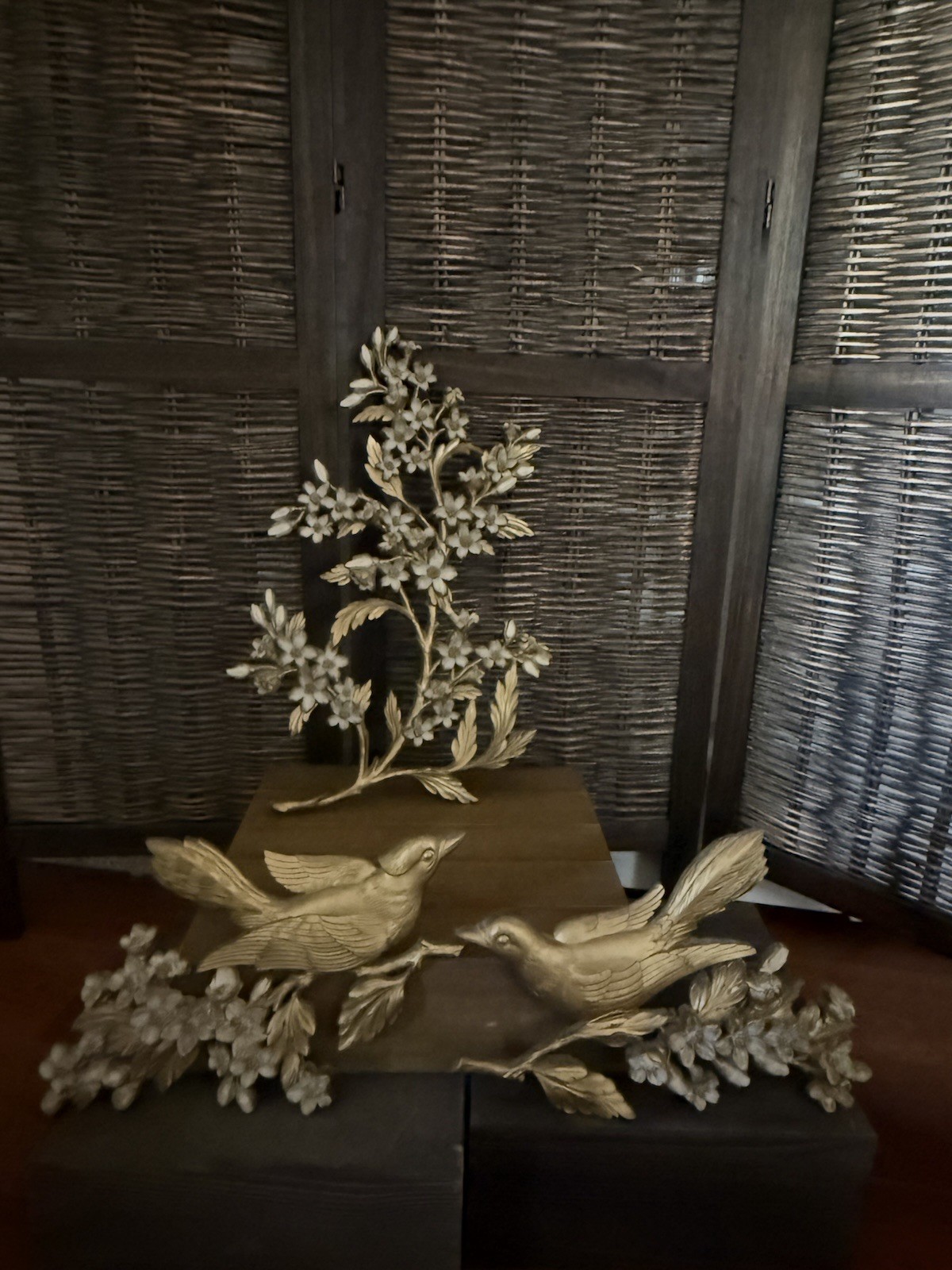 Vintage 1967 Syroco 7035 Gold Bird Dogwood Wall Plaques 3 Pc MCM Hollywood Regen