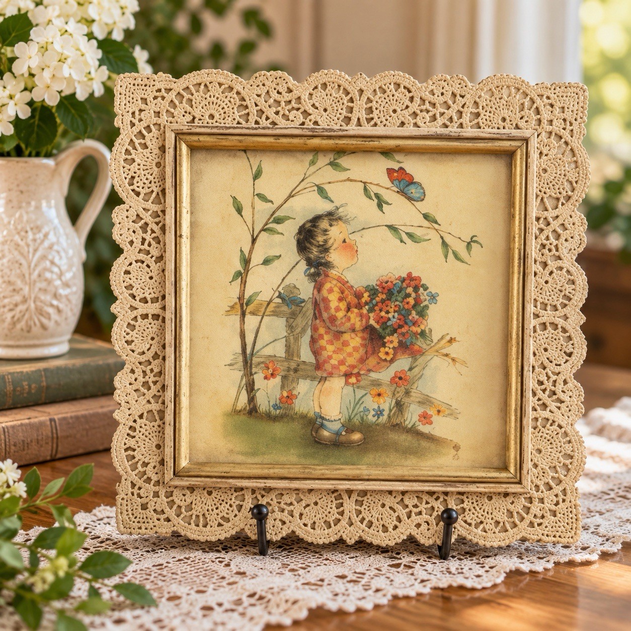 Vintage 1940'S Venice Lace Framed Marion Bradford Burgess Lithograph Print 8”