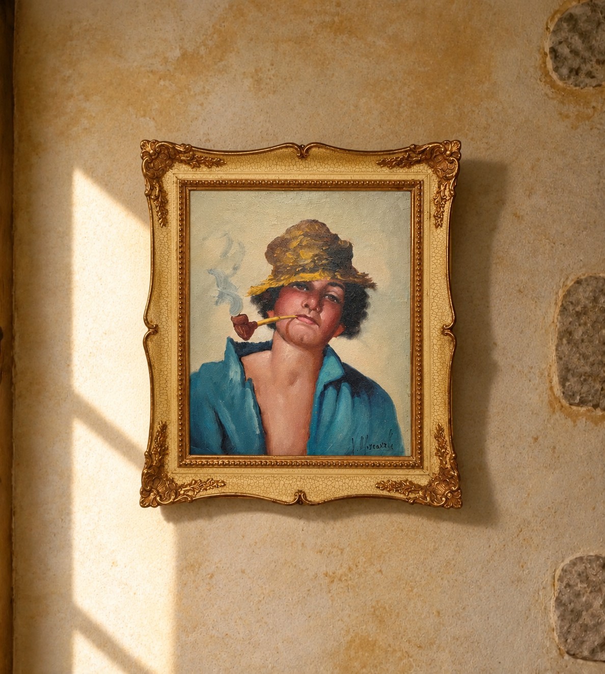 Vintage Oil Painting Signed V Muscariello Young Man Pipe Straw Hat Framed 25x21