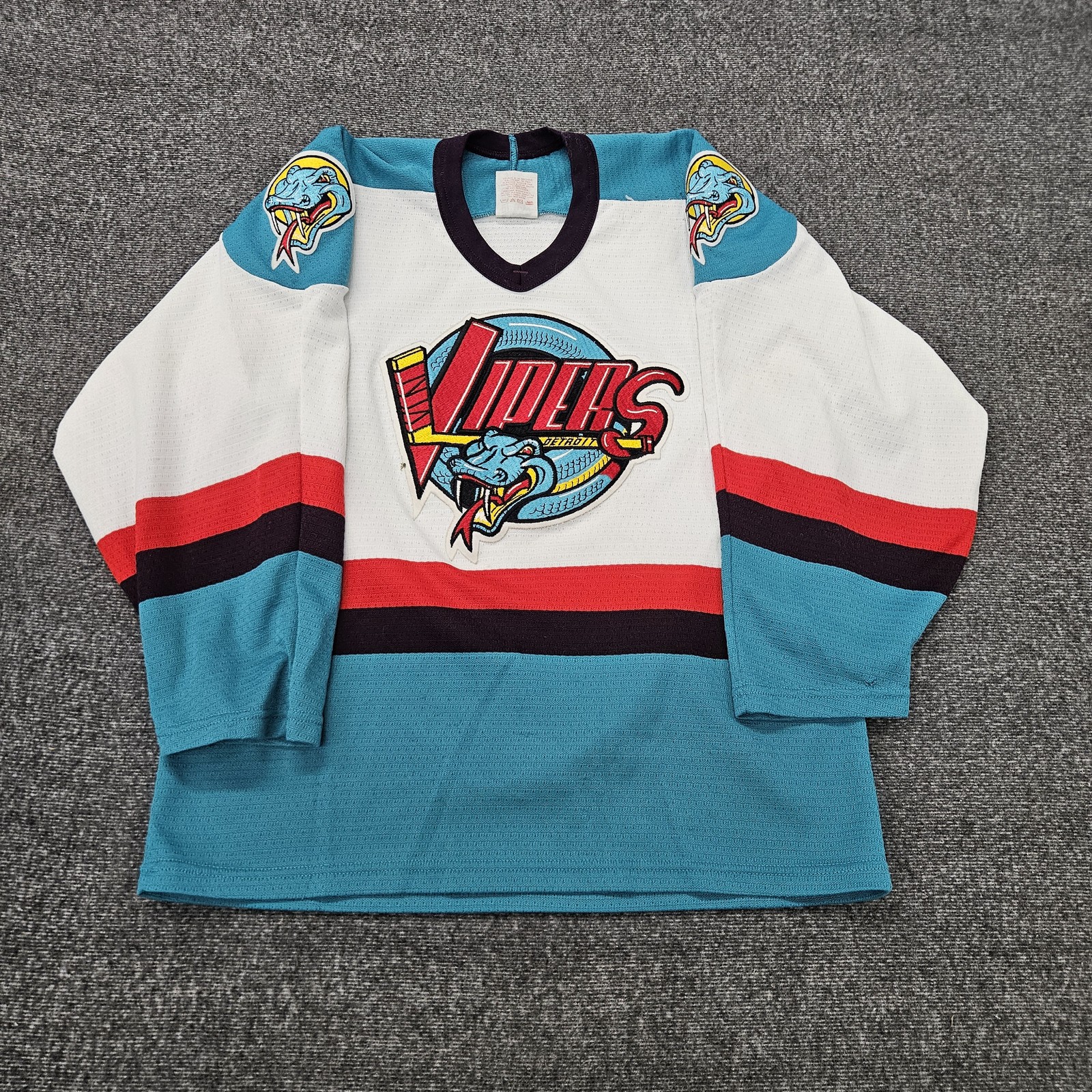 Vintage Detroit Vipers Jersey Boys L Teal White IHL Hockey Bauer Graphic 90s