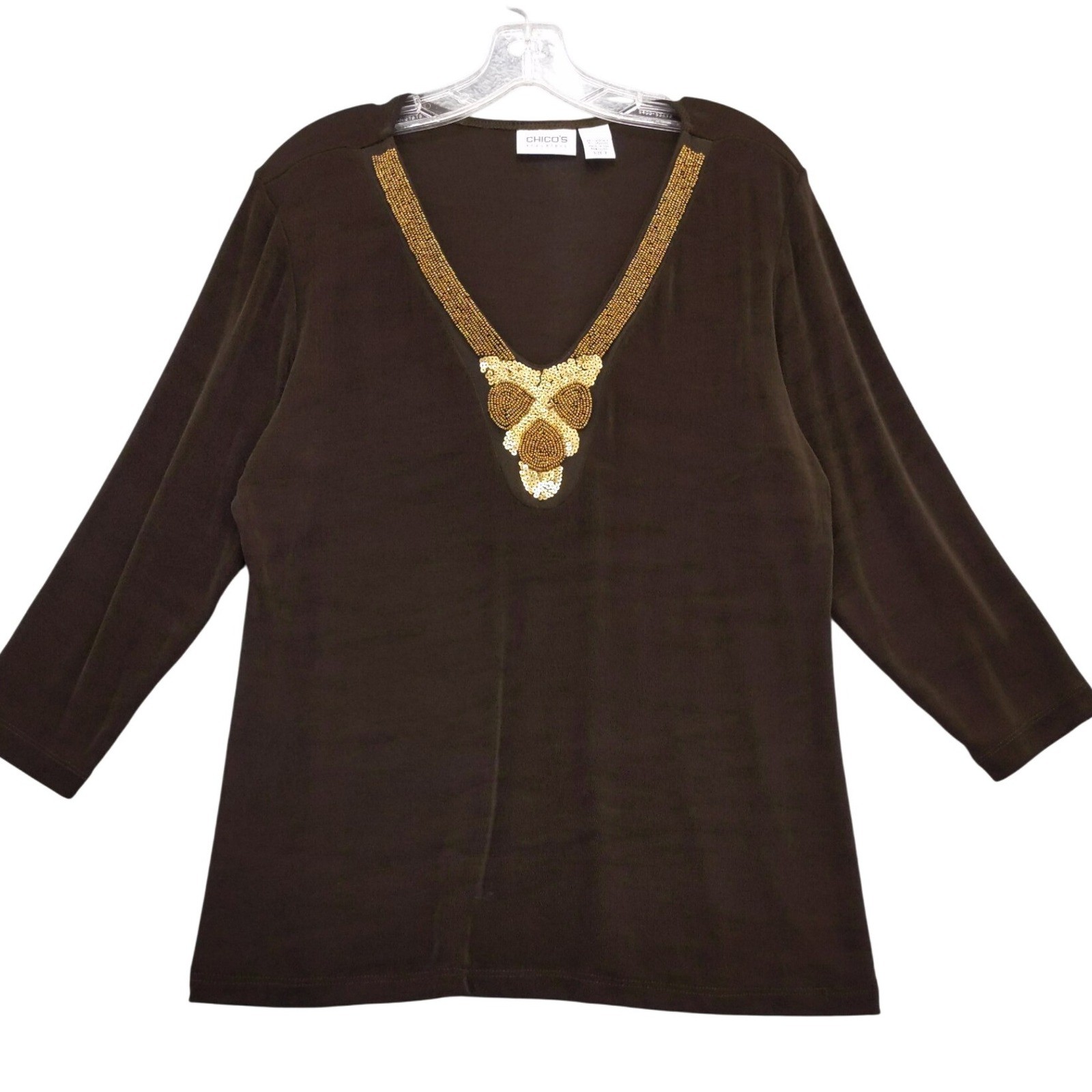 Chico\'s Travelers Brown Beaded Embellished Tunic Top Size 2 L Womens Blouse Chico\'s Travelers Brown Beaded Embellished Tunic Top Size 2 L Womens Blouse
