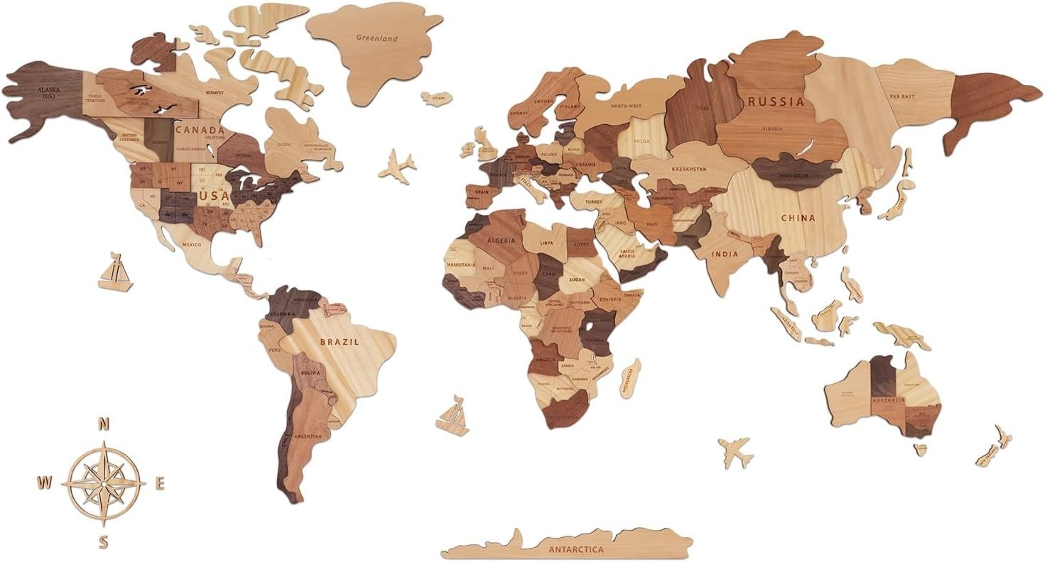 Wooden World Map 3D, Wood World Map Wall Art, Multilayered Wooden Map