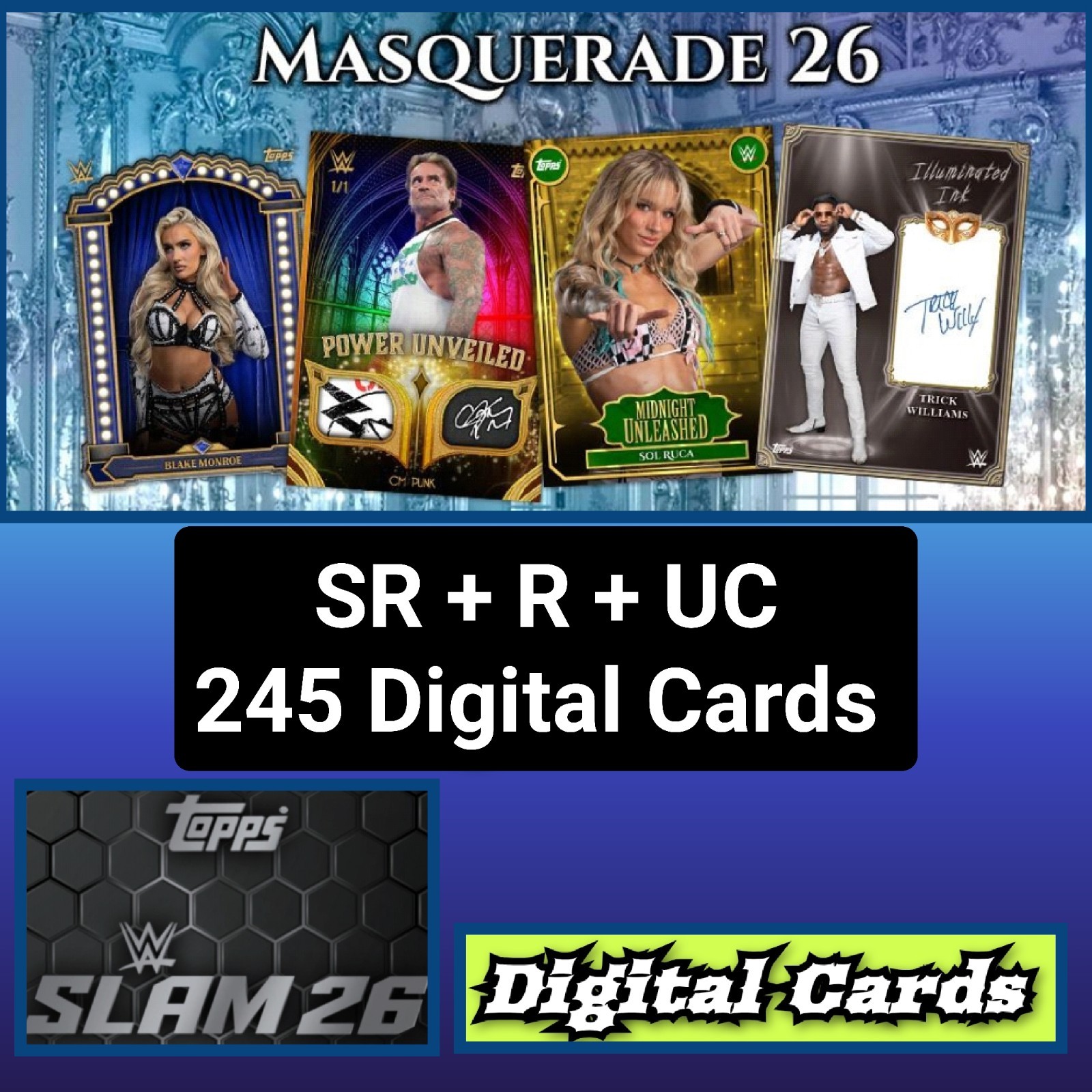 Topps WWE Slam Masquerade 26 SR+R+UC 245 Card Set