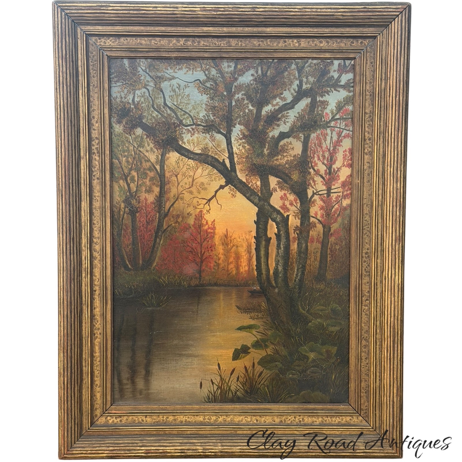 Antique 19th C American Romantic Oil Painting Autumn River Landscape Baltimore Antique 19th C American Romantic Oil Painting Autumn River Landscape Baltimore
