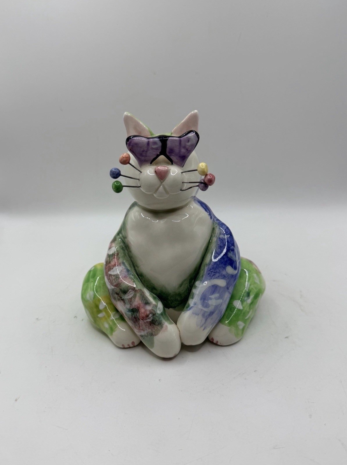 Vintage Amy Lacombe WhimsiClay Ceramic Cat Polka Dot Beaded Whiskers 2001