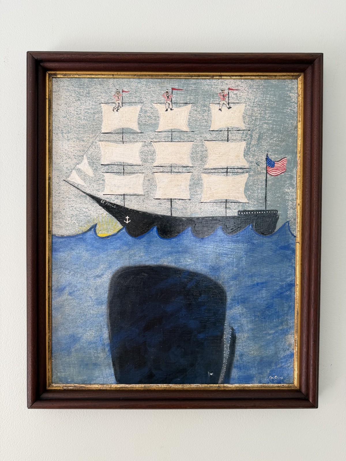 FOLK ART whale painting Nautical maritime Antique frame Coastal decor Ship Art FOLK ART whale painting Nautical maritime Antique frame Coastal decor Ship Art