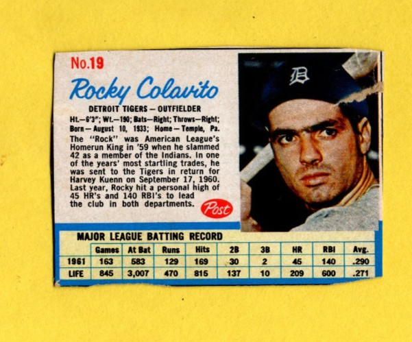 1962 Post Rocky Colavito #19 Detroit Tigers Hand Trimmed FAIR/GOOD 