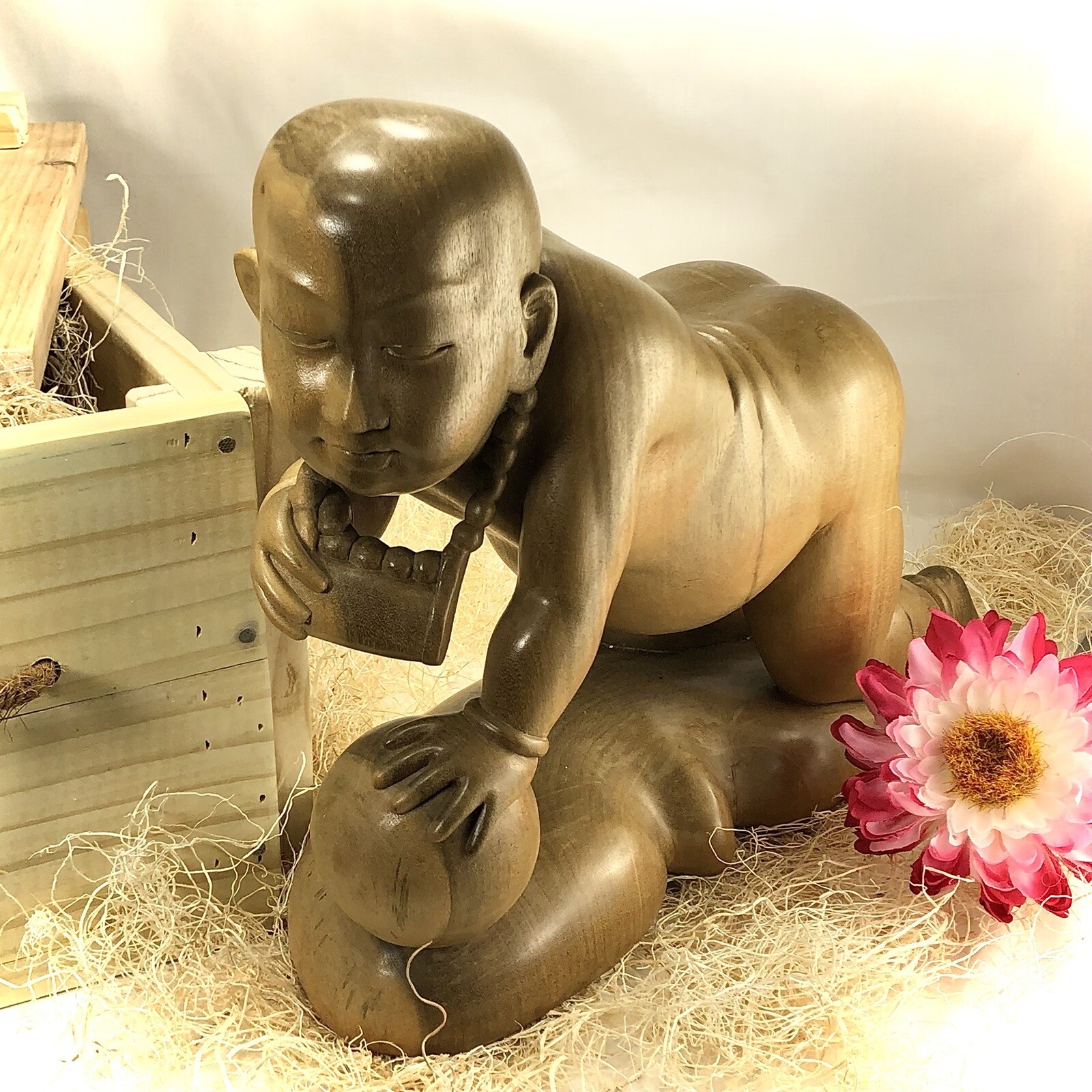 Antique Hand Carved Baby Buddha SUAR WOOD 11.75” Tall Indonesian Balinese BALI