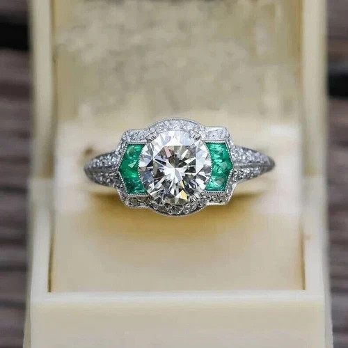 3Ct Art Deco Style Lab Created Diamond Emerald Engagement 14K White Gold FN Ring