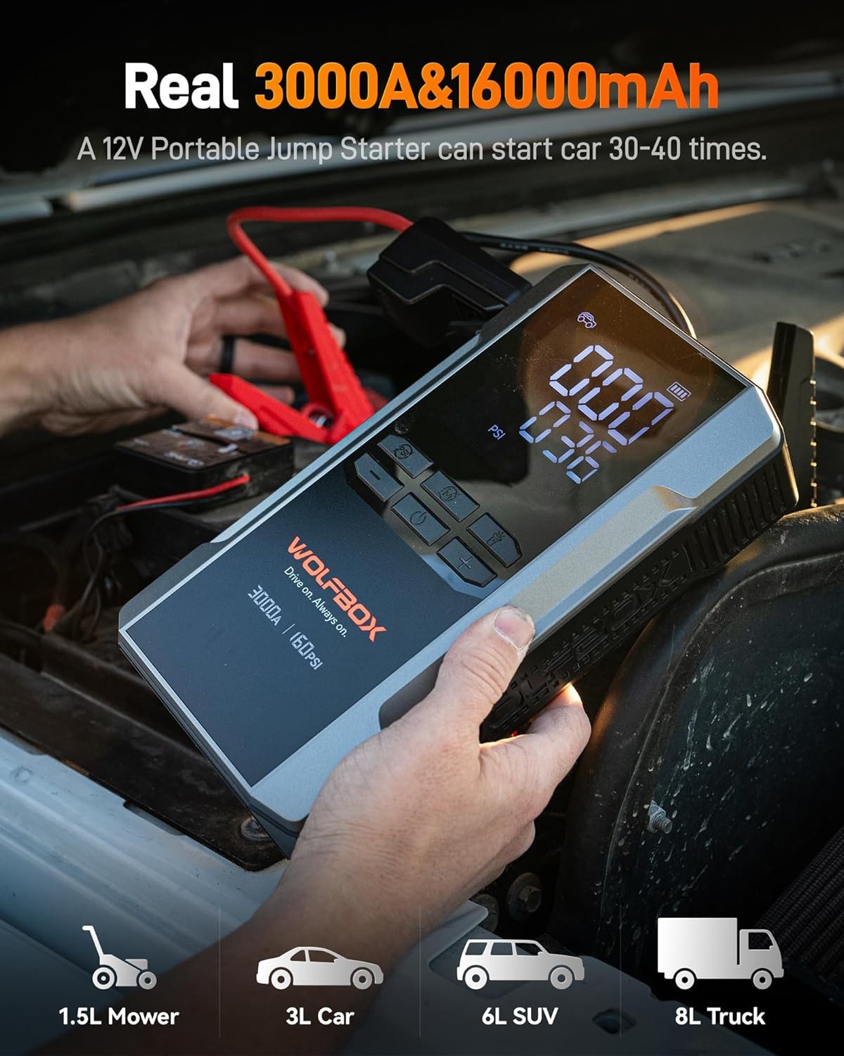 WOLFBOX 3000A Car Jump Starter W/ Air compressor Booster Power Bank Car Battery
