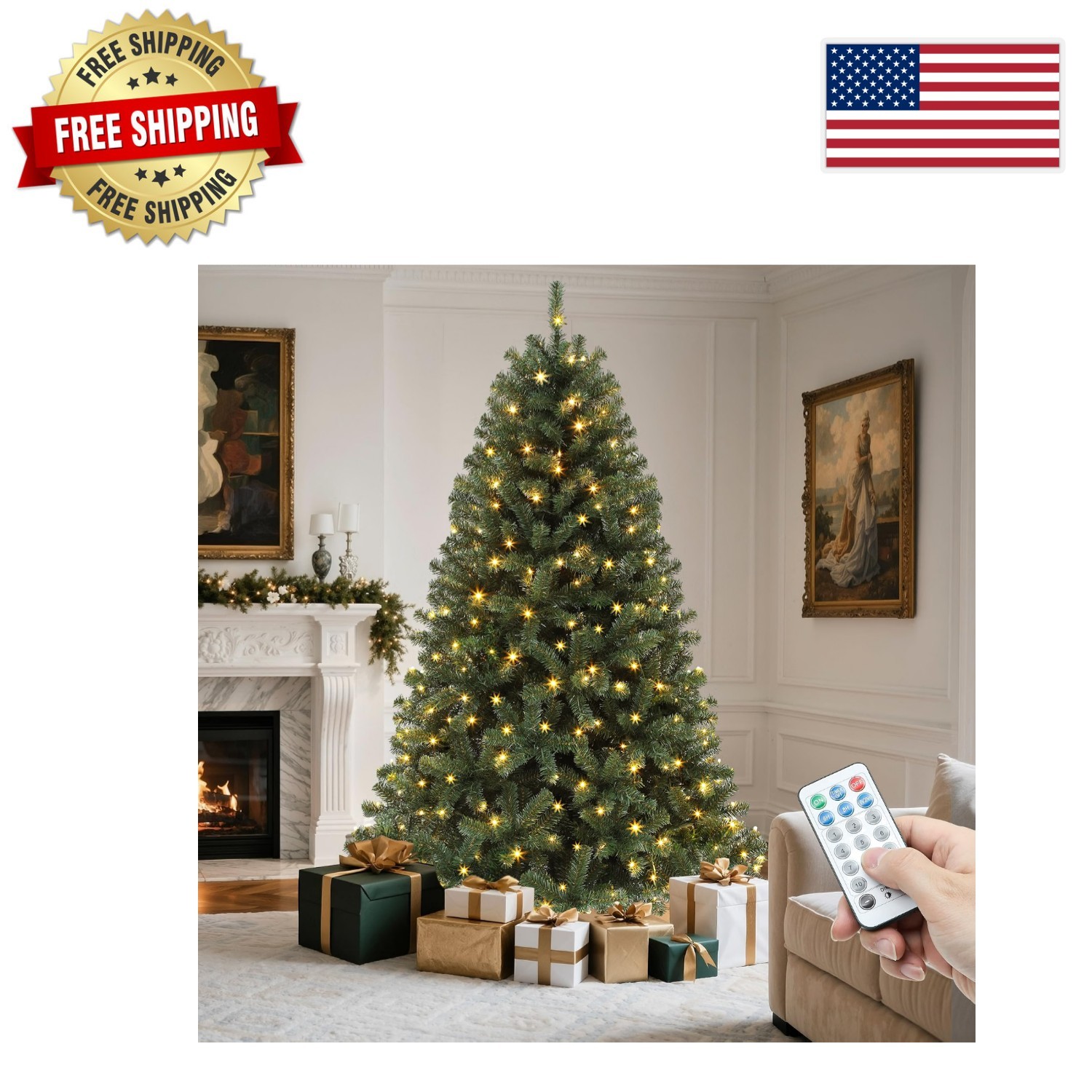 Luxurious 6ft Hinged Green Christmas Tree with Remote - Transform Your Space