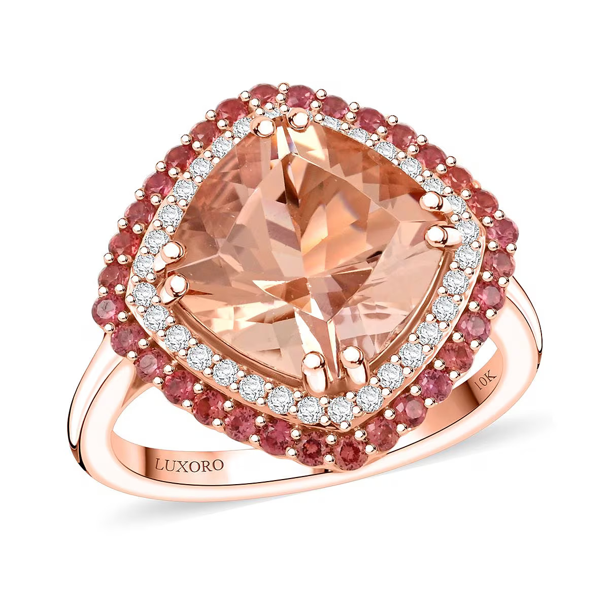 LUXORO AAA Morganite Padparadscha Sapphire White Diamond Cushion 10K Rose Gold