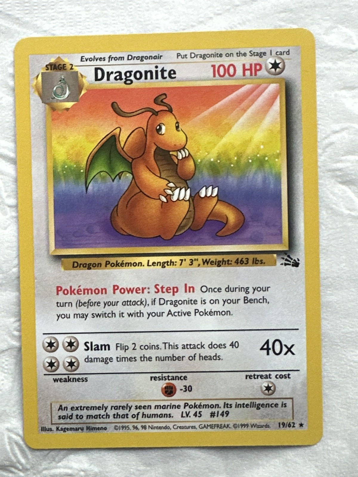 POKEMON DRAGONITE 19/62 CARD  NEVER PLAYED NM VTG 1999 ACTUAL PICS COMBINE SHIP
