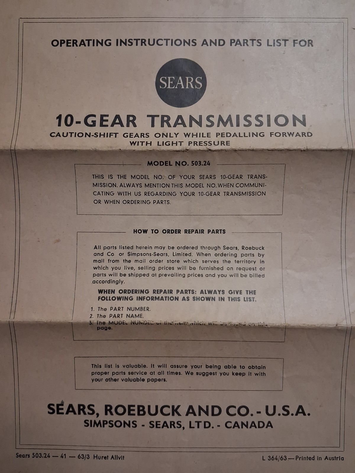 1963 SEARS ROEBUCK Simpsons-Sears EUROPEAN LIGHTWEIGHT Bicycle Instructions 1963 SEARS ROEBUCK Simpsons-Sears EUROPEAN LIGHTWEIGHT Bicycle Instructions