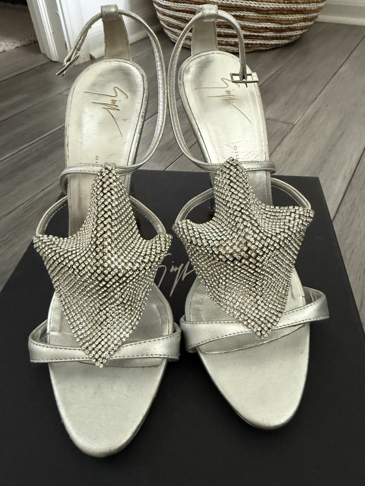 Giuseppe Zanotti Silver Rhinestone Ankle Strap Strappy Stiletto Heels 9.5B