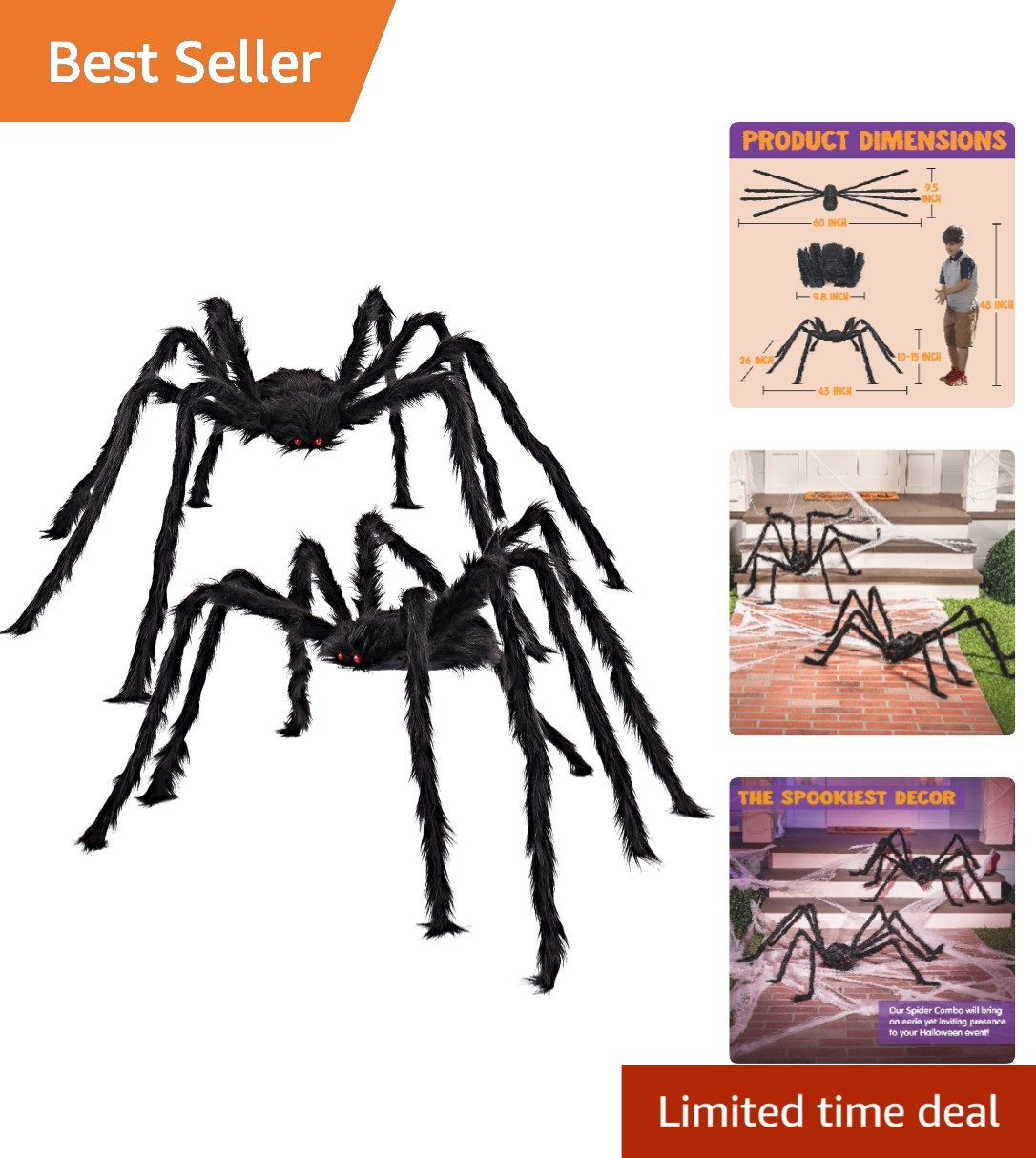 Spooky Set of 2 Giant Halloween Spiders - 63 Inch Haunting Props for Your Home