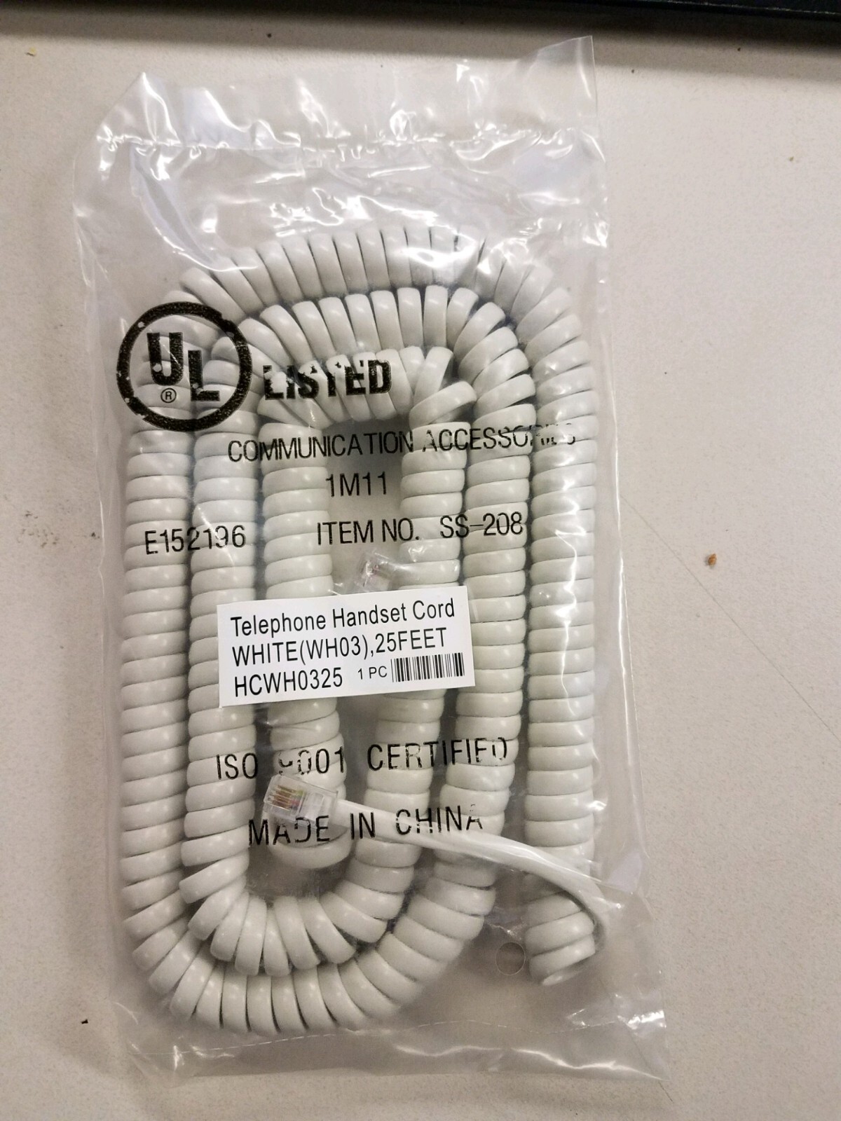 25 Foot White Handset Curly Cord