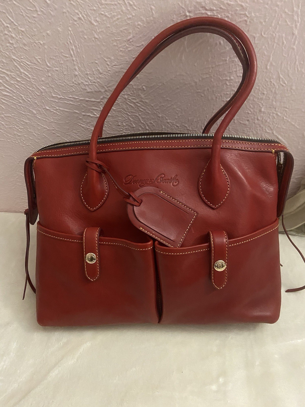 Dooney & Bourke red Zip Top Satchel Top Handle Bag w/ Luggage Tag Dust Bag