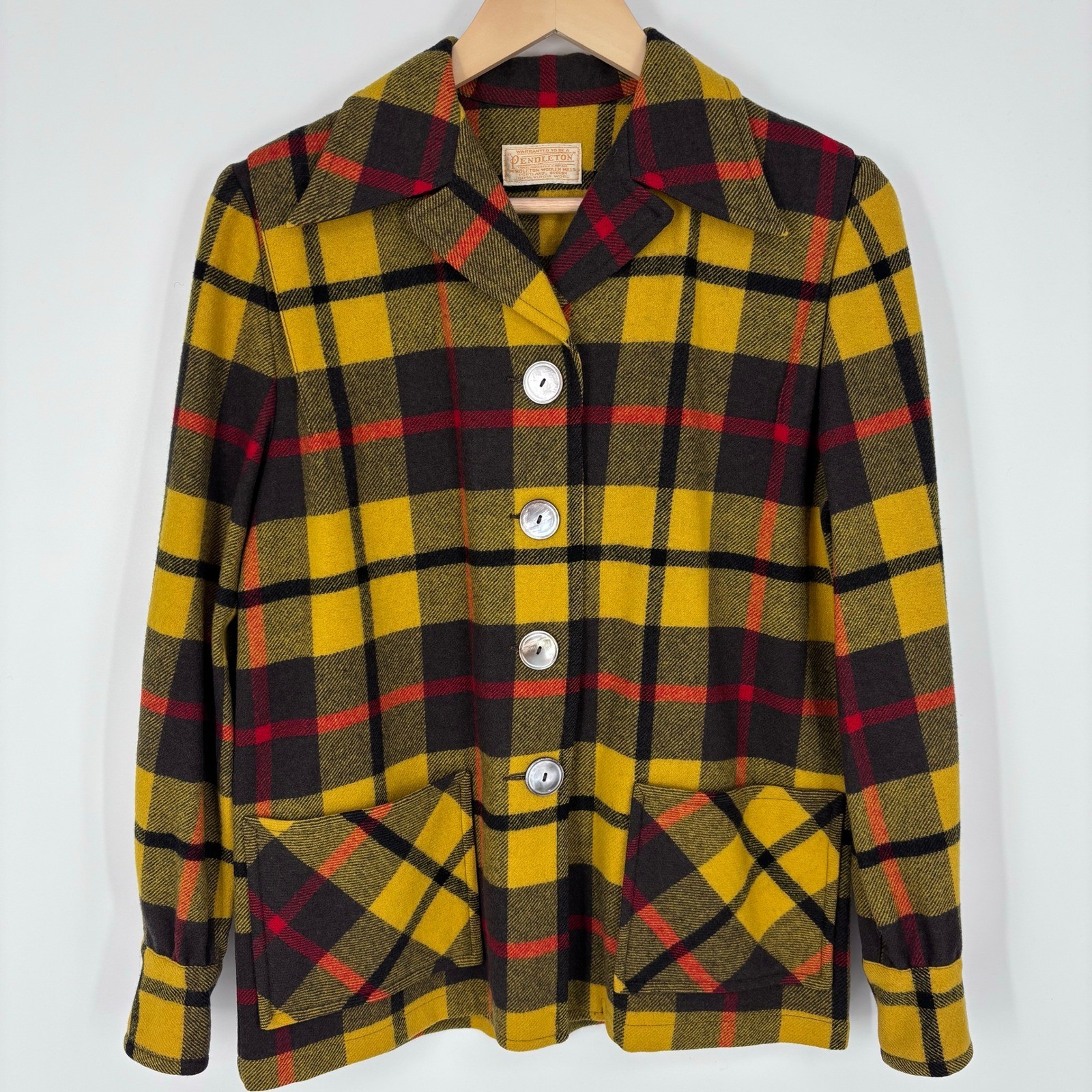 VTG 50s Pendleton Womens 49er Wool Plaid Button Front Jacket Sz M Yellow Plaid