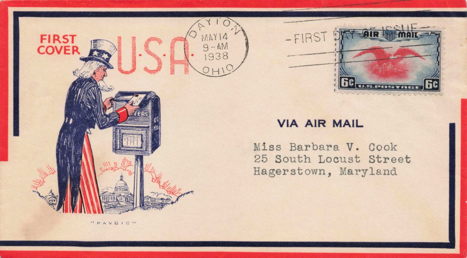 1938 6c C23 FDC National Airmail Week Eagle & Shield - PAVOIS Uncle Sam