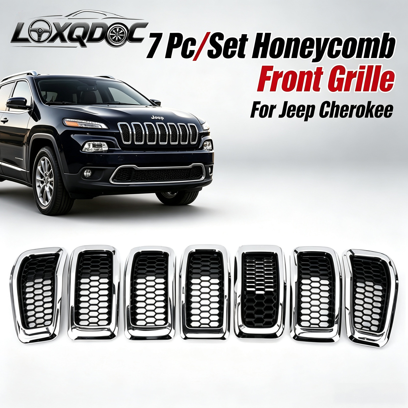 7 pieces Silver Chrome For Jeep Cherokee 2014-2018 front Grille Honeycomb Mesh