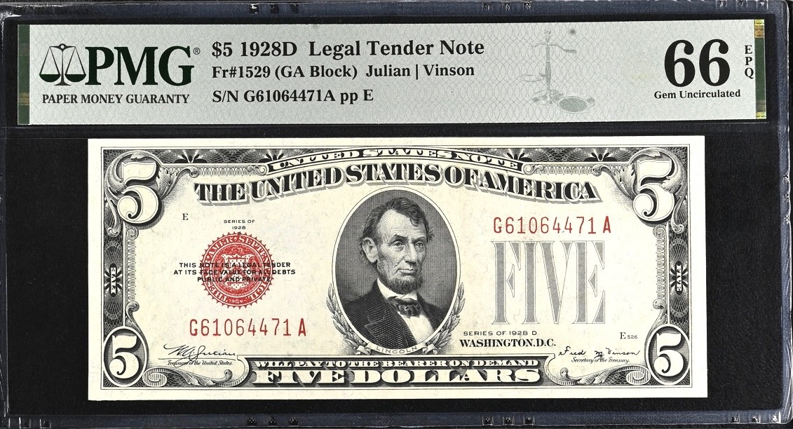 1928-D $5 Legal Tender Note PMG 66 EPQ Fr. 1529 Julian Vinson