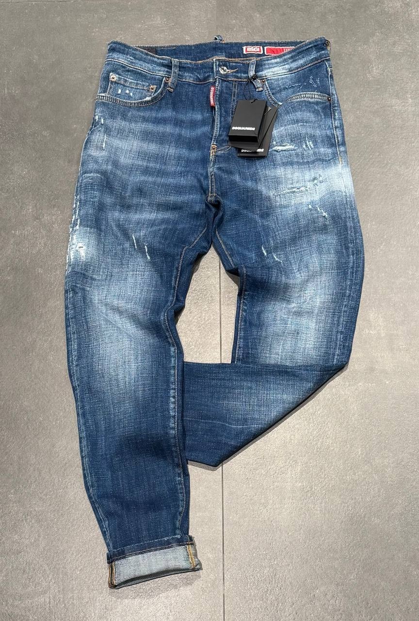 Dsquared2 Slim Fit Men\'s Stretchy Washed Ripped Blue Jeans