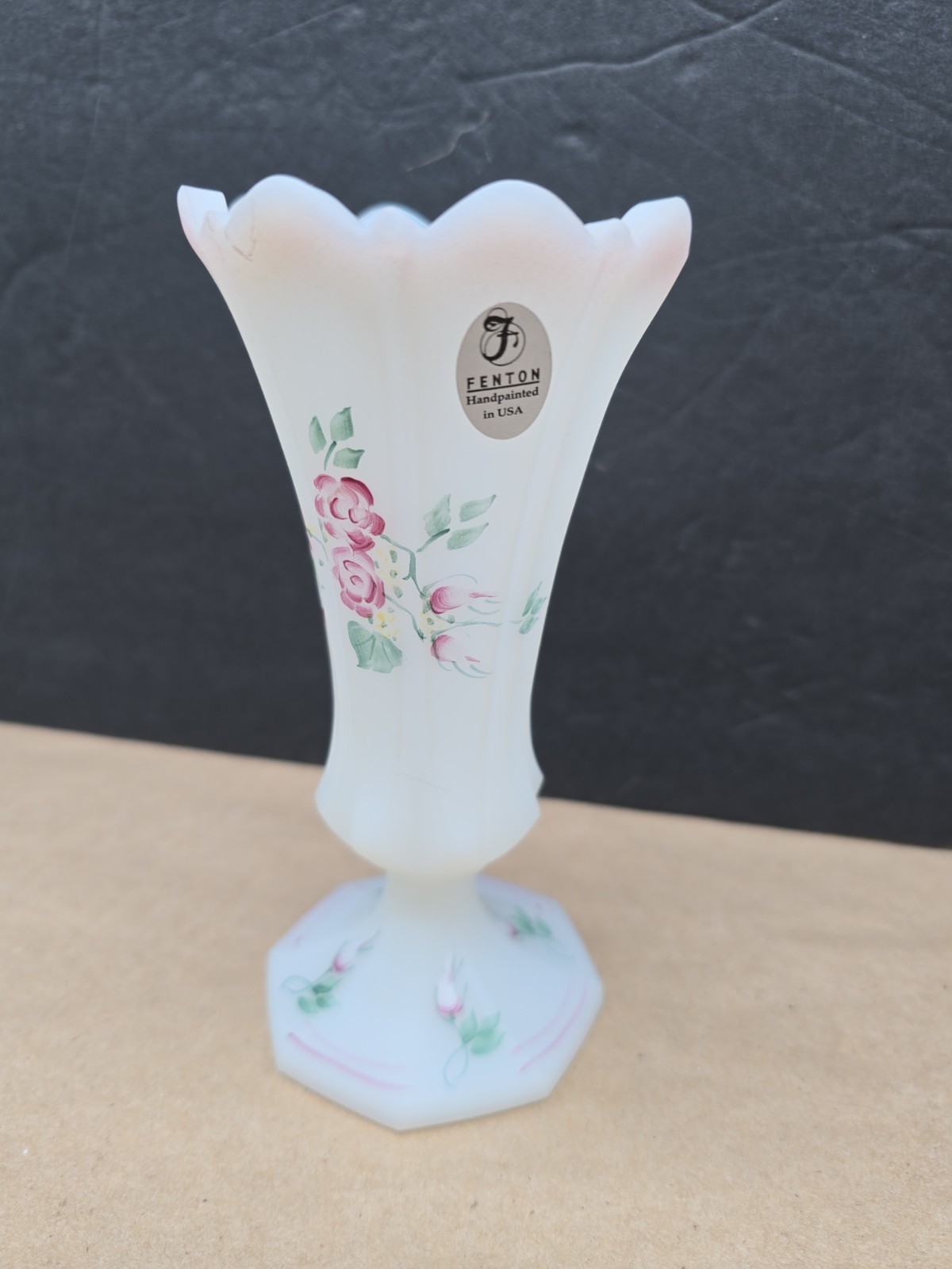 VTG Fenton White Glass  Vase Rose Garden Floral Hand Painted Signed J. Thompson?