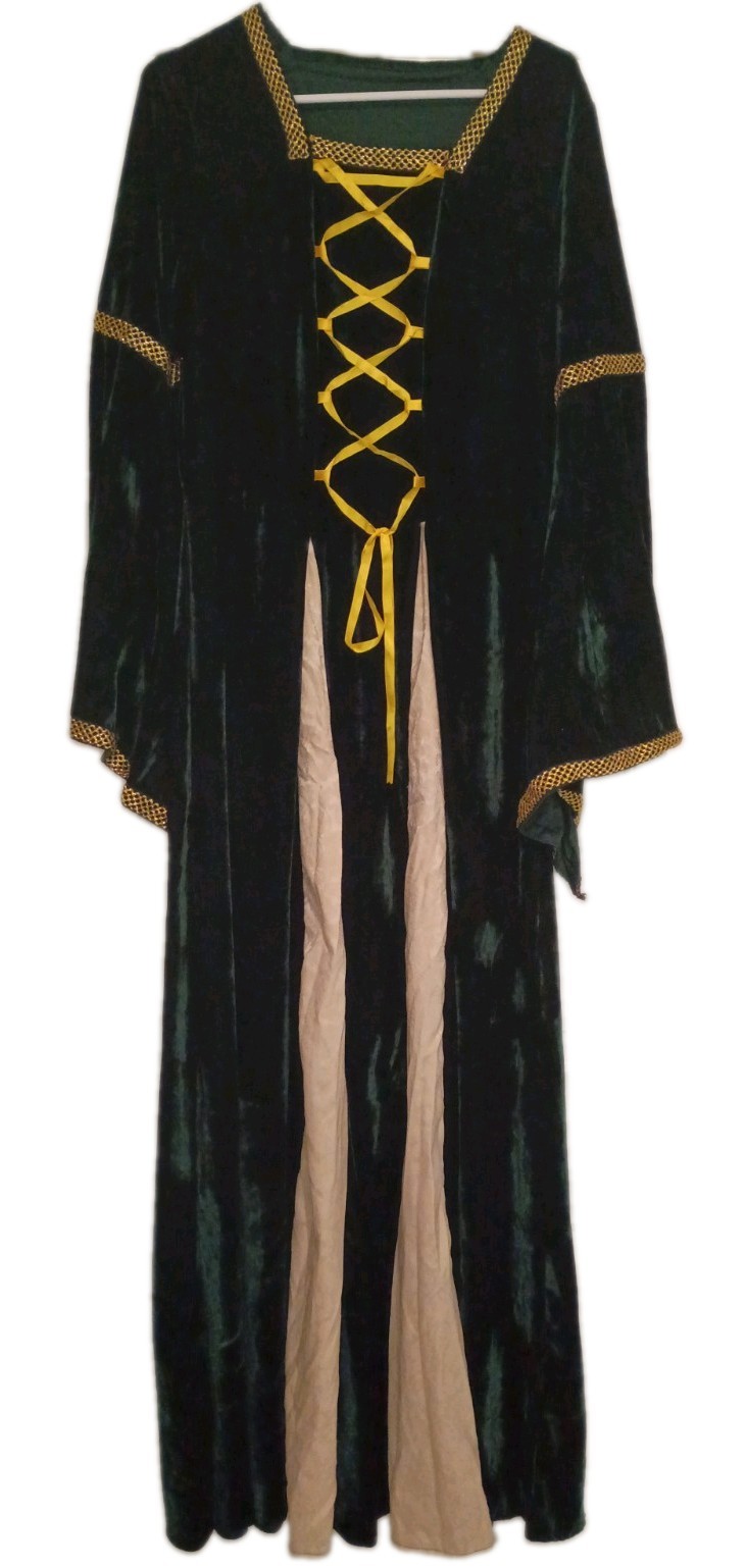 Renaissance Medieval Princess Dark Green Velvet Dress Gold Trim Bell Sleeves
