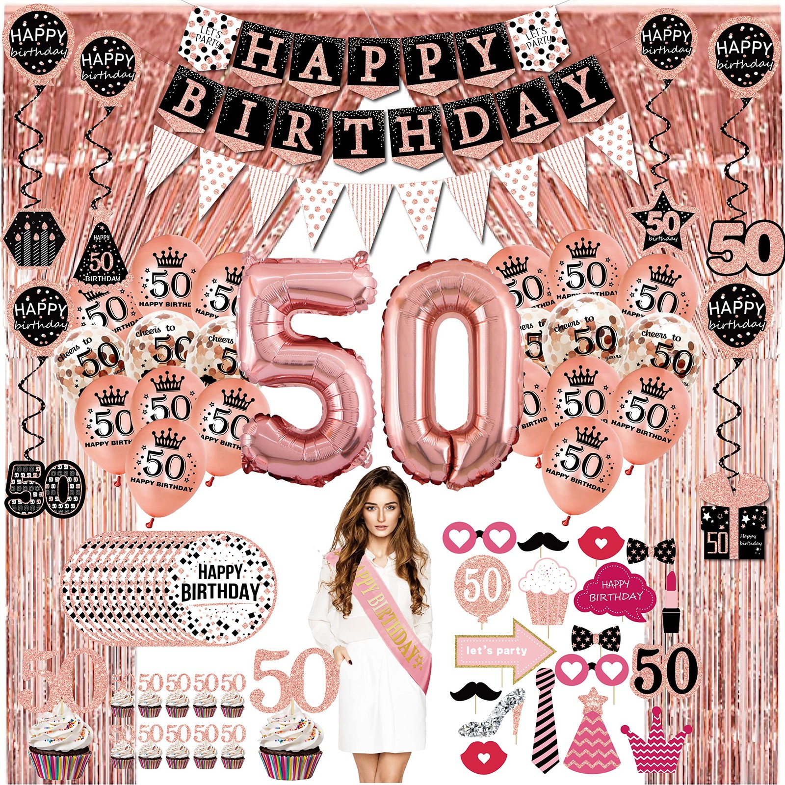 50th birthday decorations for women - (76pack) rose gold party Banner, Pennant,
