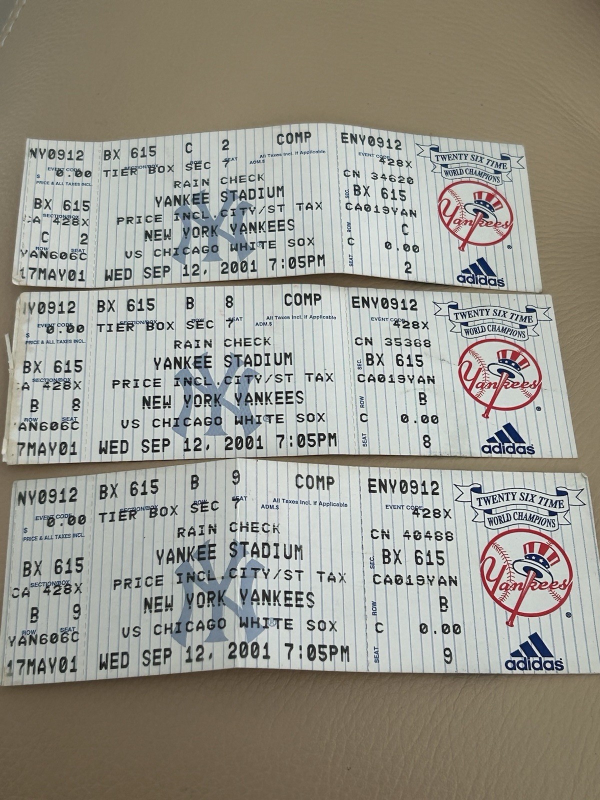 LOT (3) SEPTEMBER 12 2001 - NEW YORK YANKEES UNUSED TICKET GAME 1