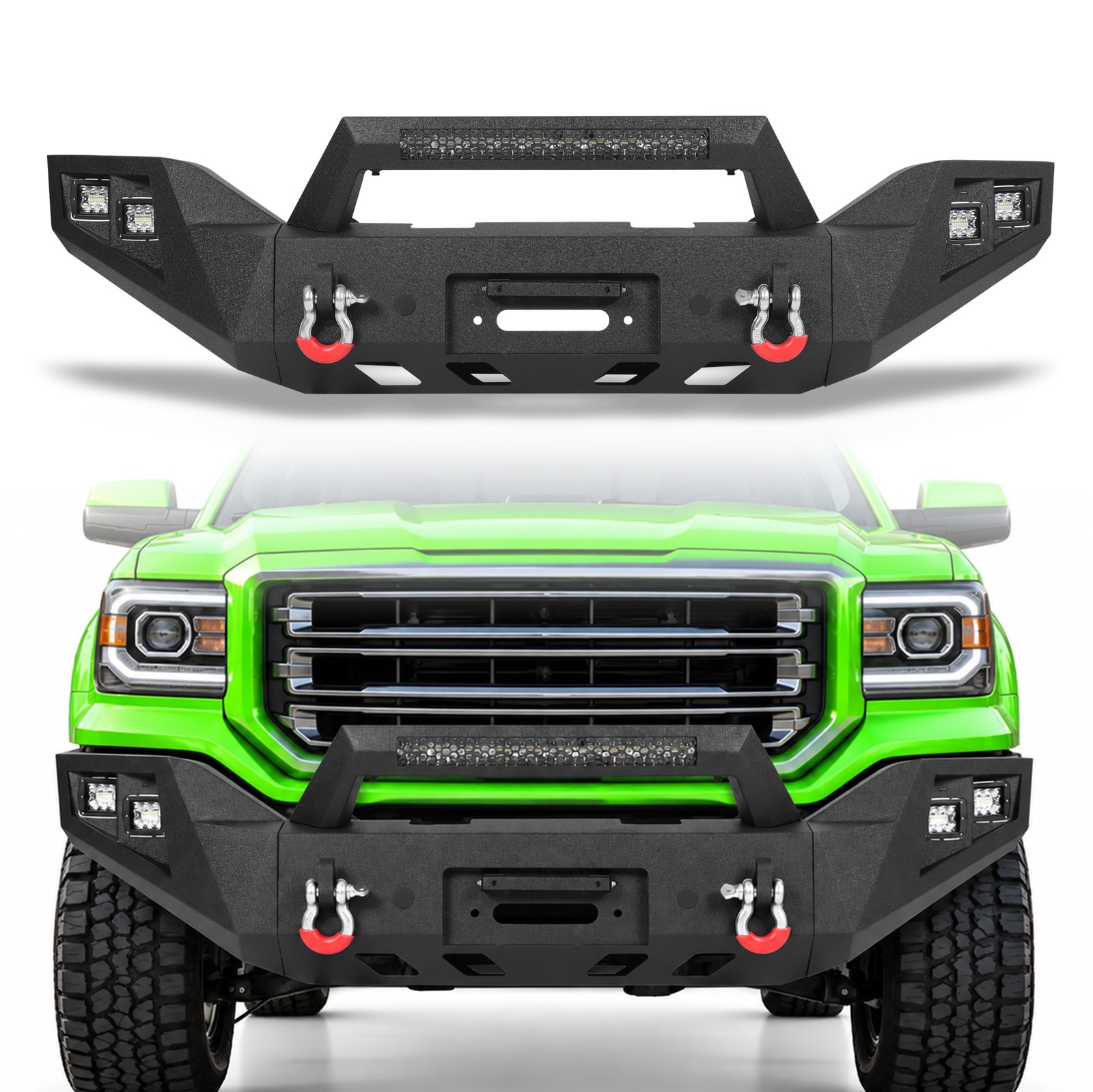 Front Bumper W/Winch Plate LED Lights For 2016 2017 2018 GMC Sierra 1500 Offroad