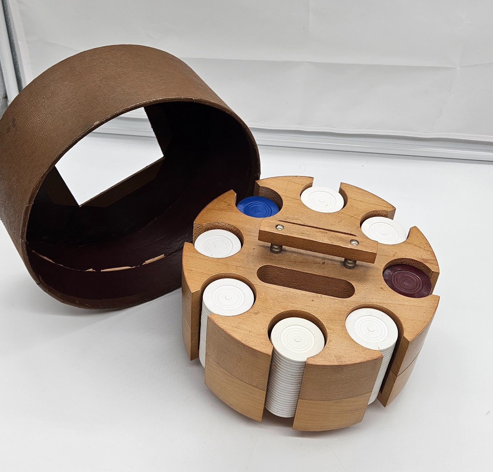 Vintage Wooden Poker Chip Carousel Rotating Rack with Chips and Cover MCM