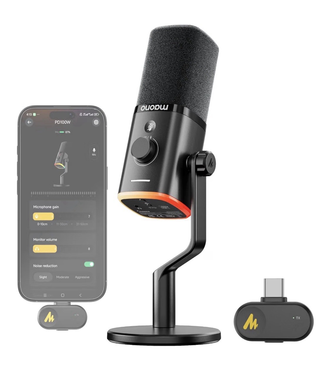 MAONO PD100W Wireless Dynamic USB-C/USB Microphone, RGB, Mute, Stand
