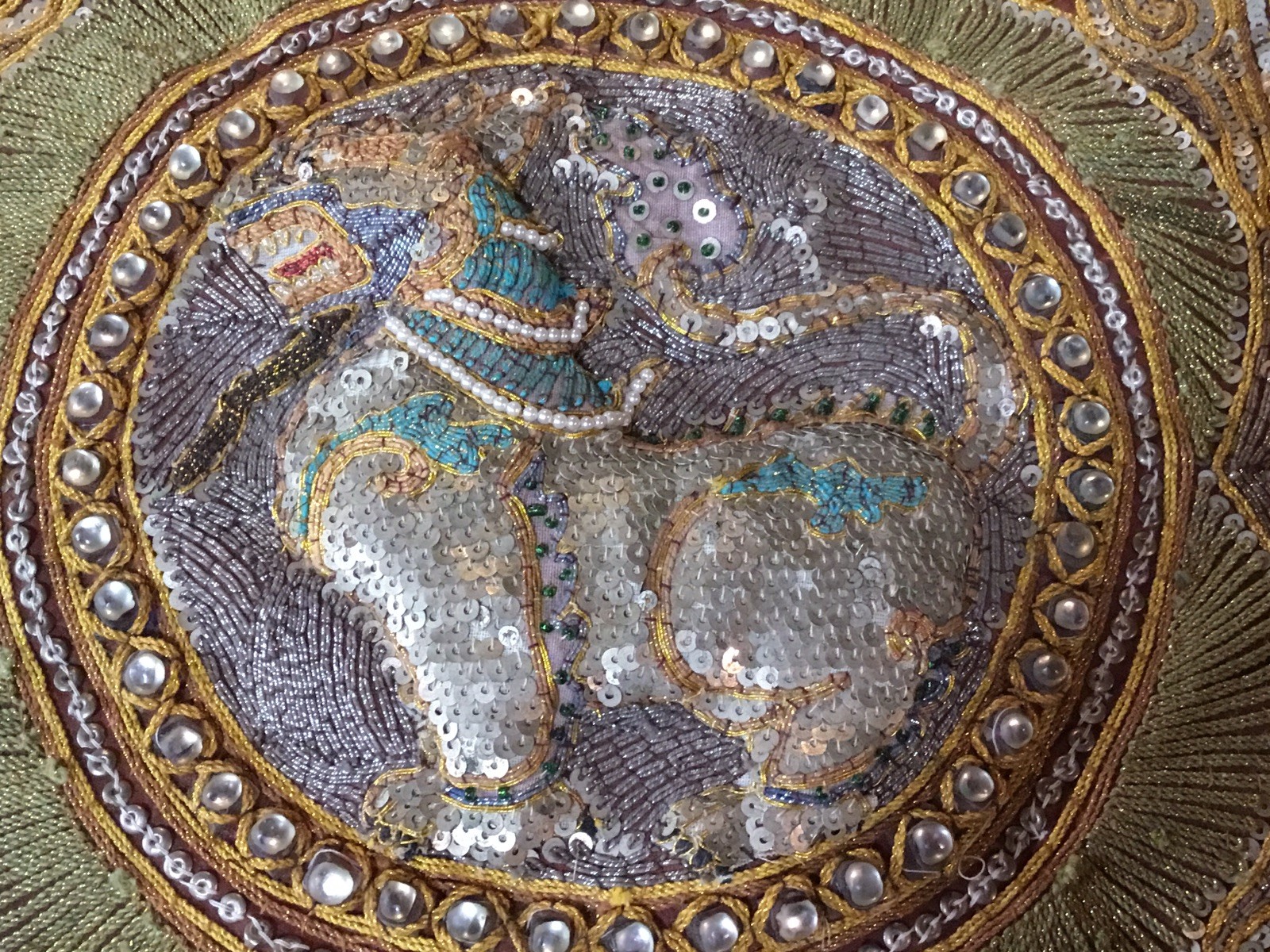 Vintage Burmese Kalaga Folk Art Tapestry Hand Embroidery Jeweled 13”x13.25” Vintage Burmese Kalaga Folk Art Tapestry Hand Embroidery Jeweled 13”x13.25”