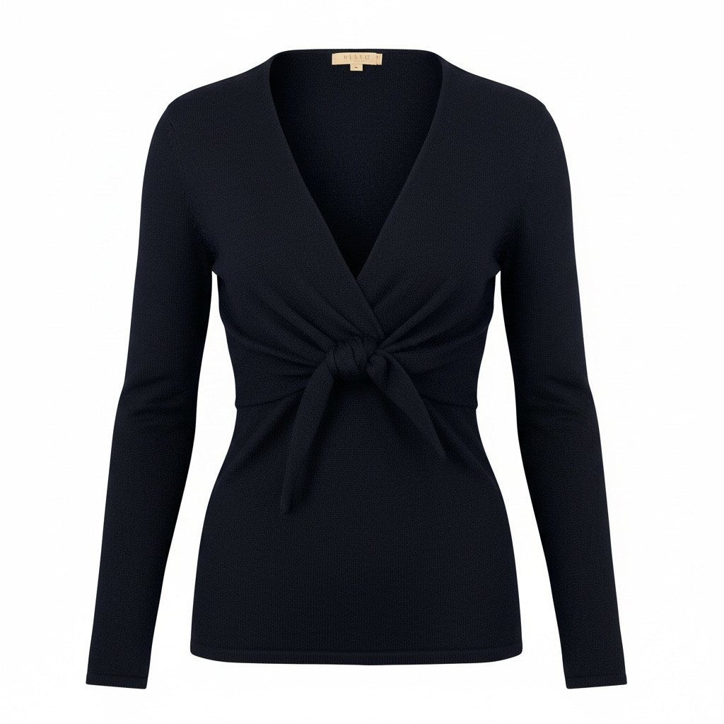 Classic Kenar 100% Cashmere Black V Neck Tie Front Sweater, Size M