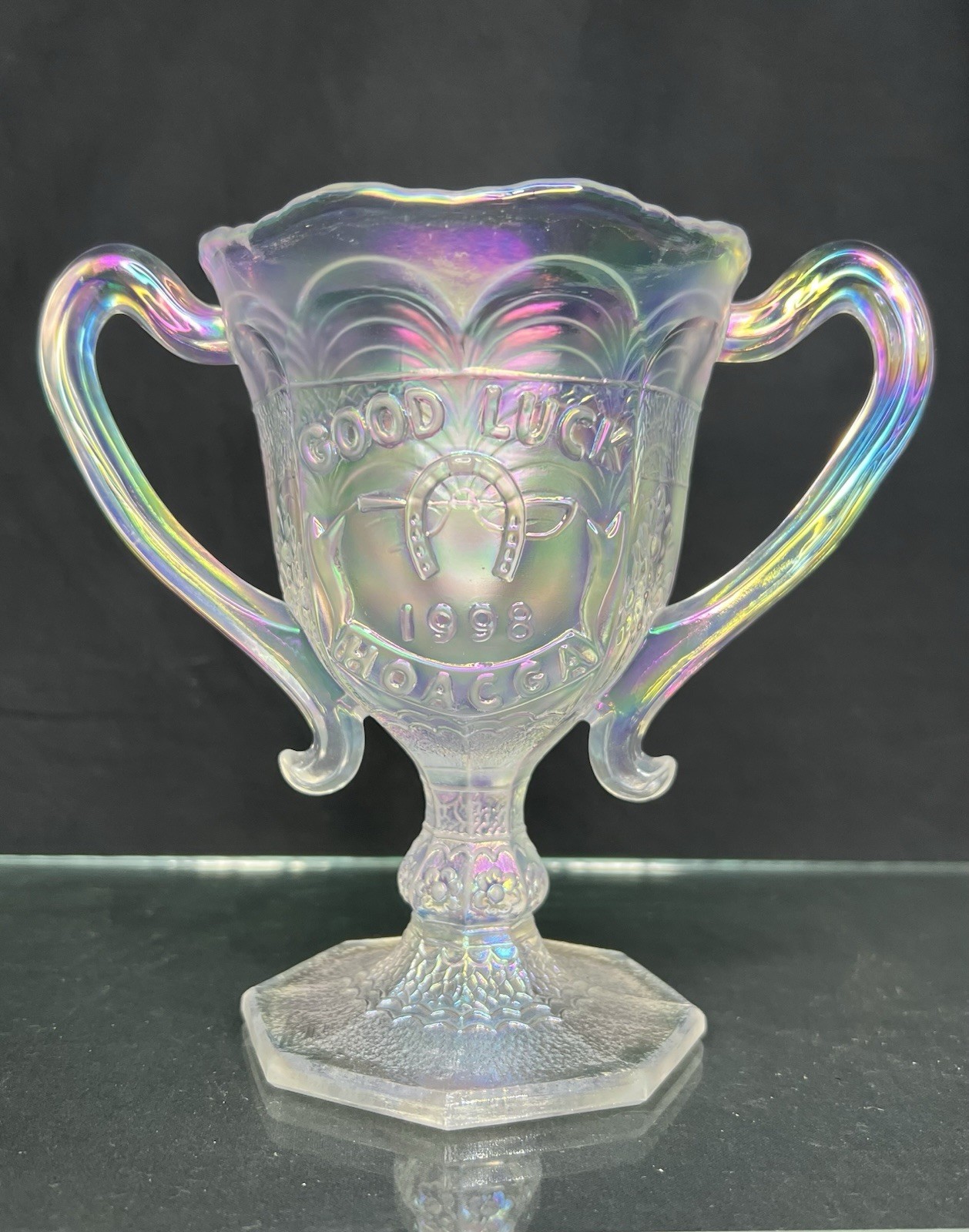 RARE 1998 FENTON ART GLASS HOACGA “Good Luck” LOVING CUP WHITE CARNIVAL Glass RARE 1998 FENTON ART GLASS HOACGA “Good Luck” LOVING CUP WHITE CARNIVAL Glass