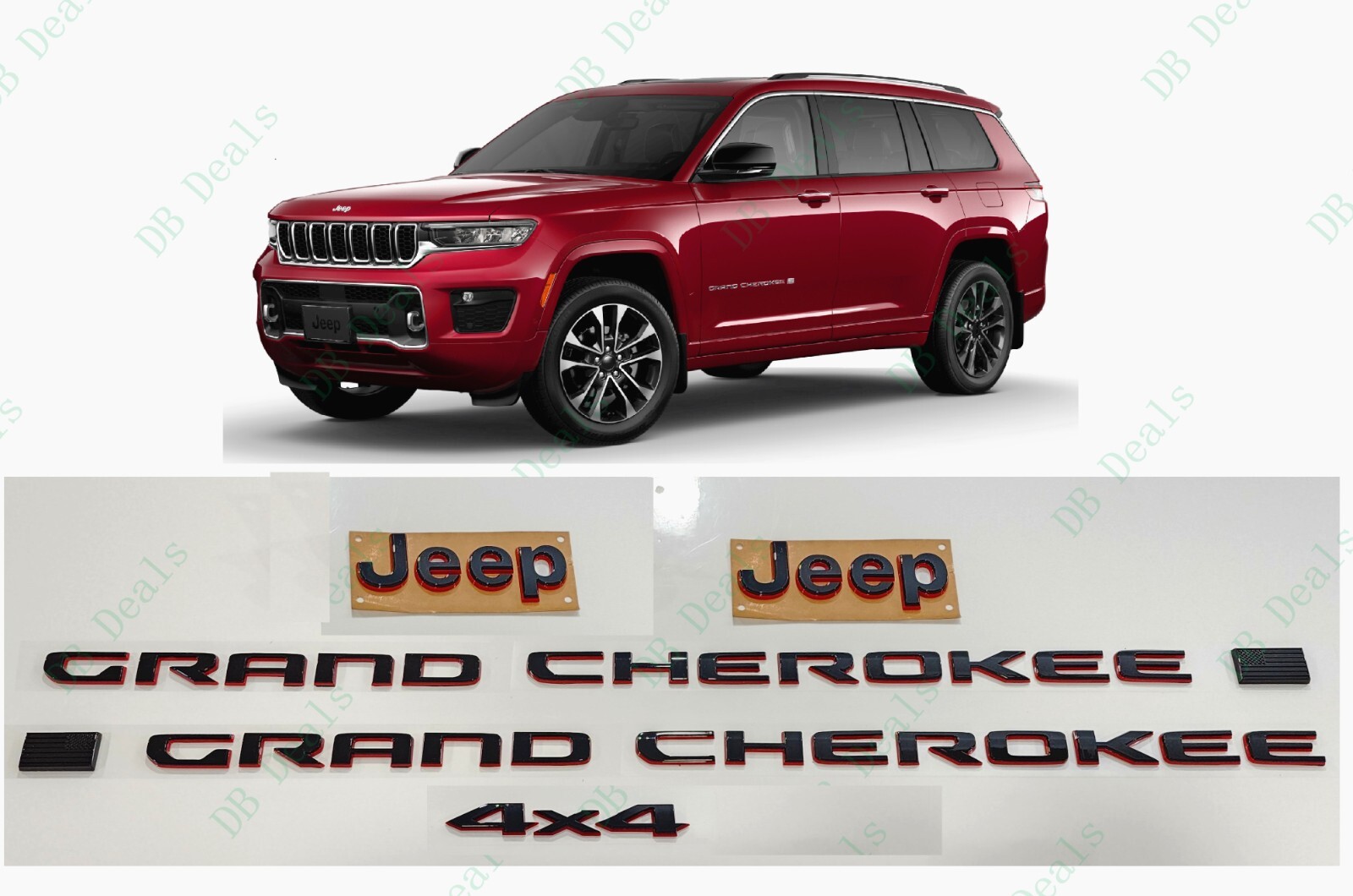 5PCS Black Red Front Rear Door 4x4 Emblems 2022+ Jeep Grand Cherokee 2 Row WK