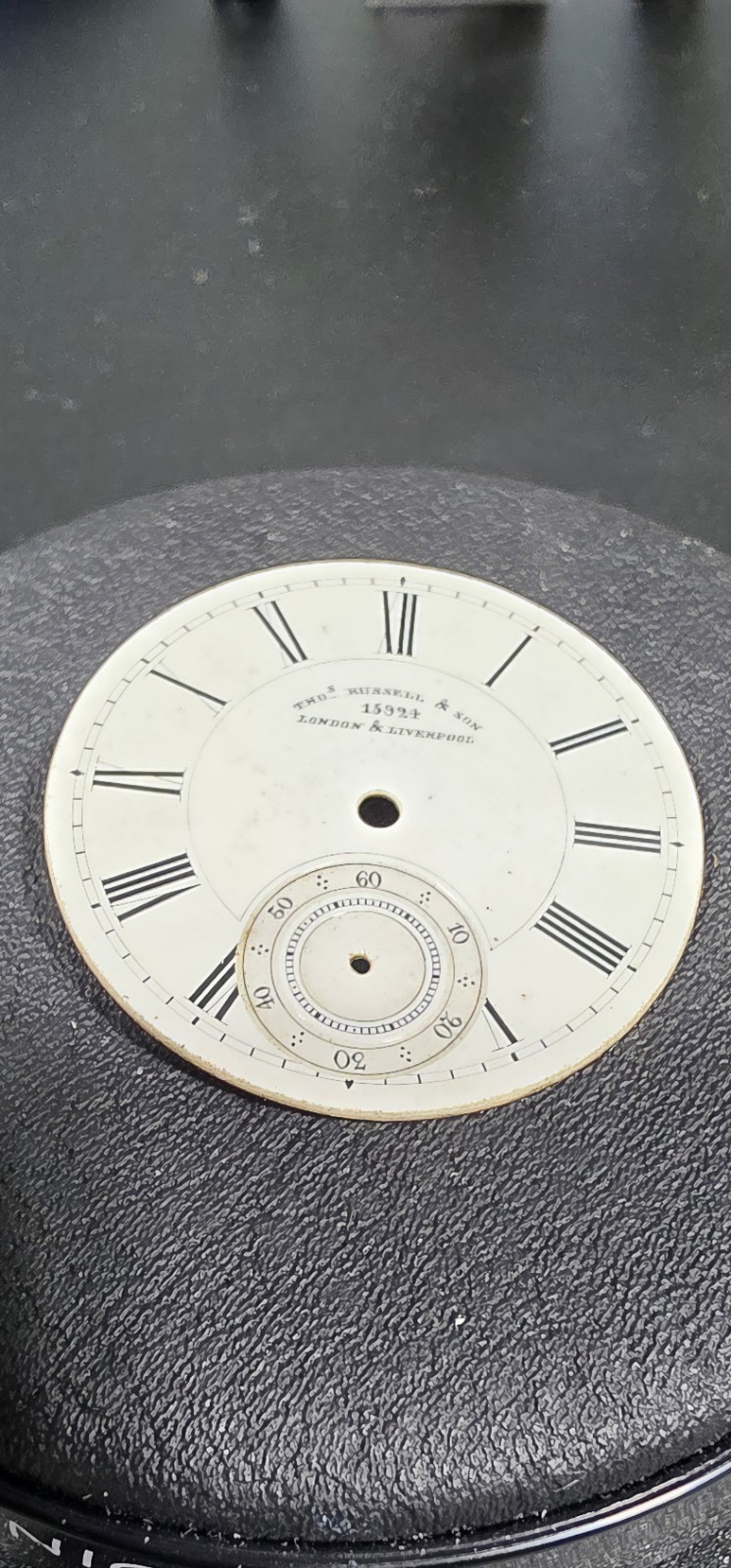Antique Thos. Russell & Son Enamel Pocket Watch Dial 33.65mm Serial 15924 Antique Thos. Russell & Son Enamel Pocket Watch Dial 33.65mm Serial 15924
