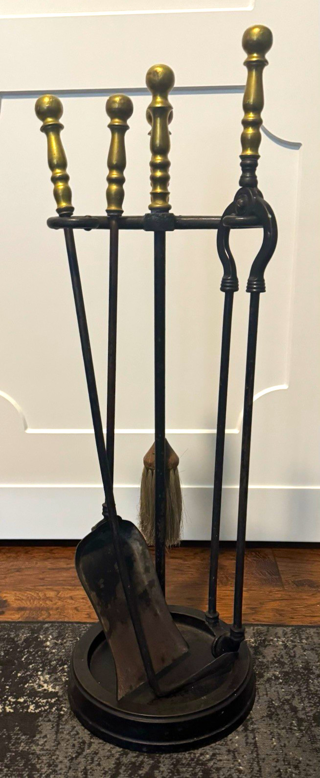 Vintage Bradley Hubbard Cast Iron Fireplace 5 Piece Set, Brass Handles w/ Stand