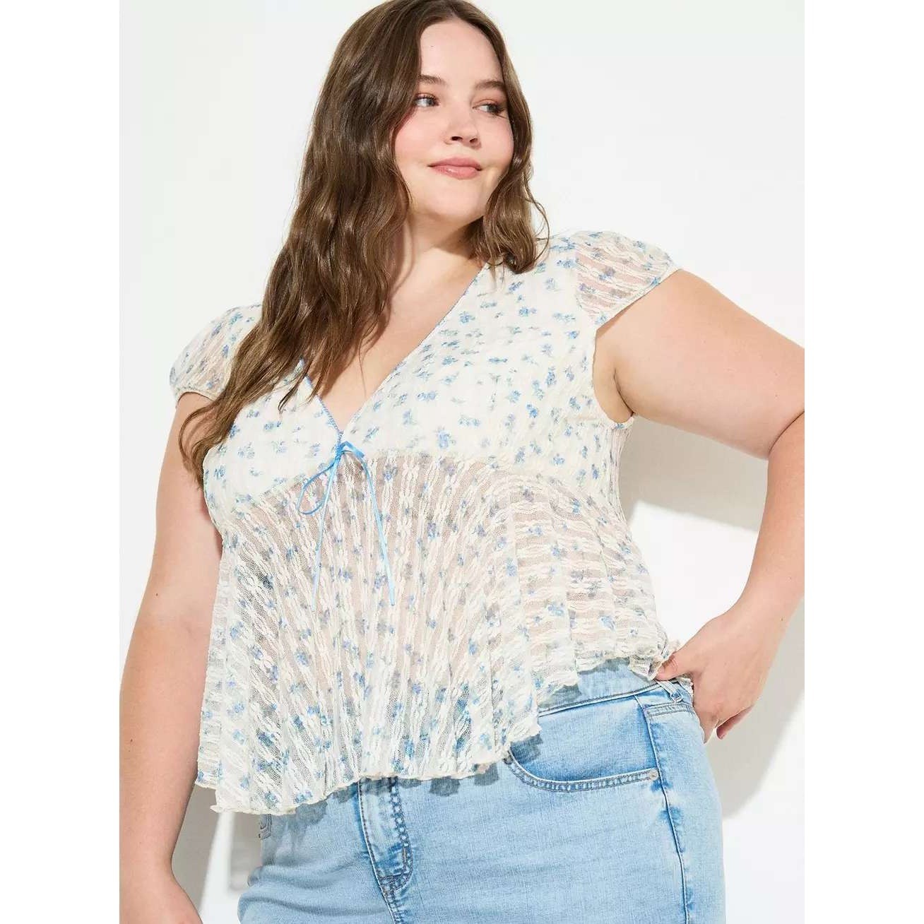 Torrid LoveSick Lace Babydoll Top Cream Blue Floral V-Neck Ribbon Tie 3 3X