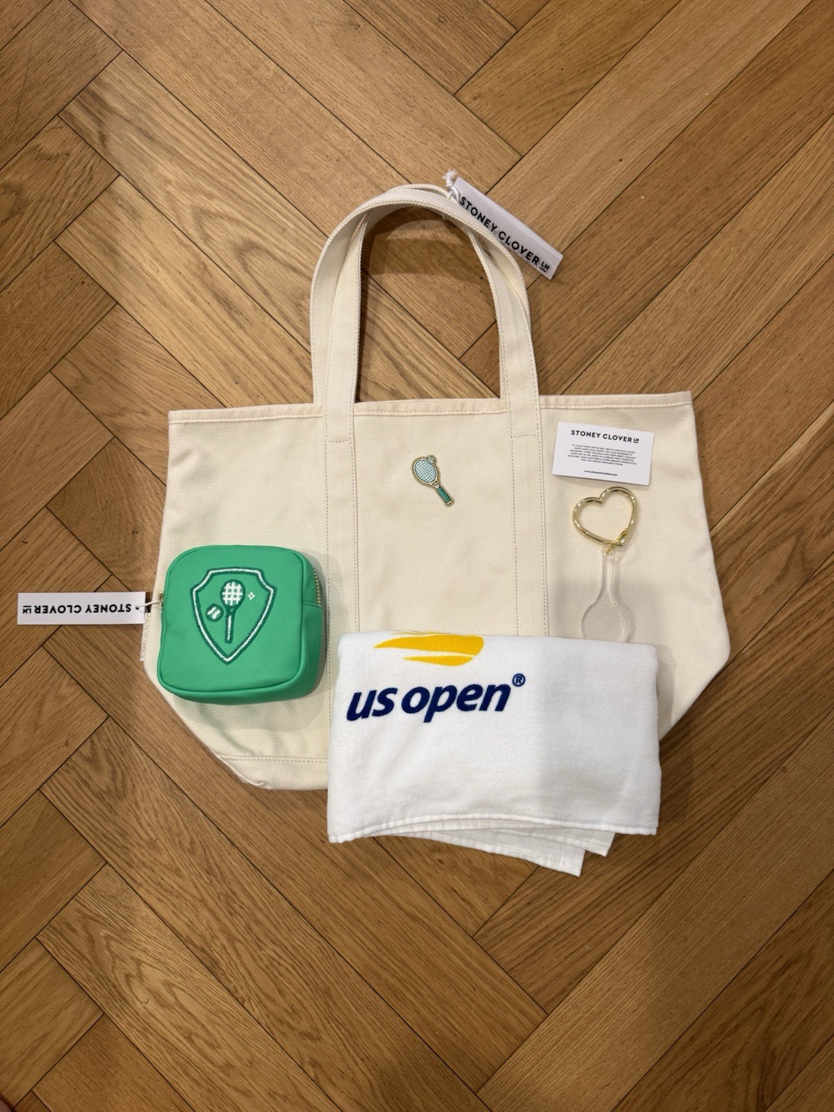 Stoney Clover Lane Large Canvas Tote Bag Tennis Patch, Key Chain, Zip Pouch