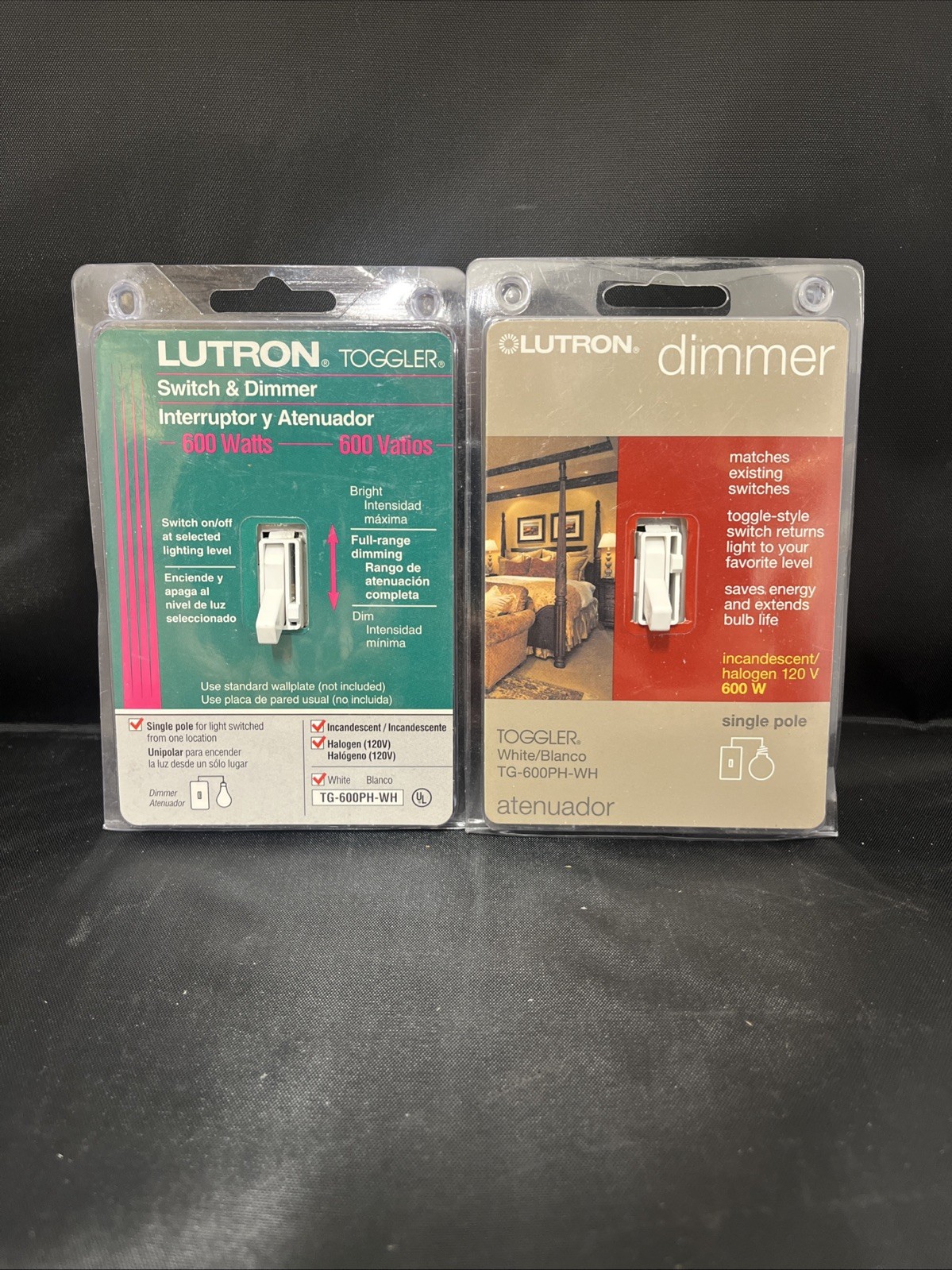 2 LUTRON DIMMERS TG-600PH -WH SINGLE POLE 120V 600 W  INCANDECENT / HALOGEN