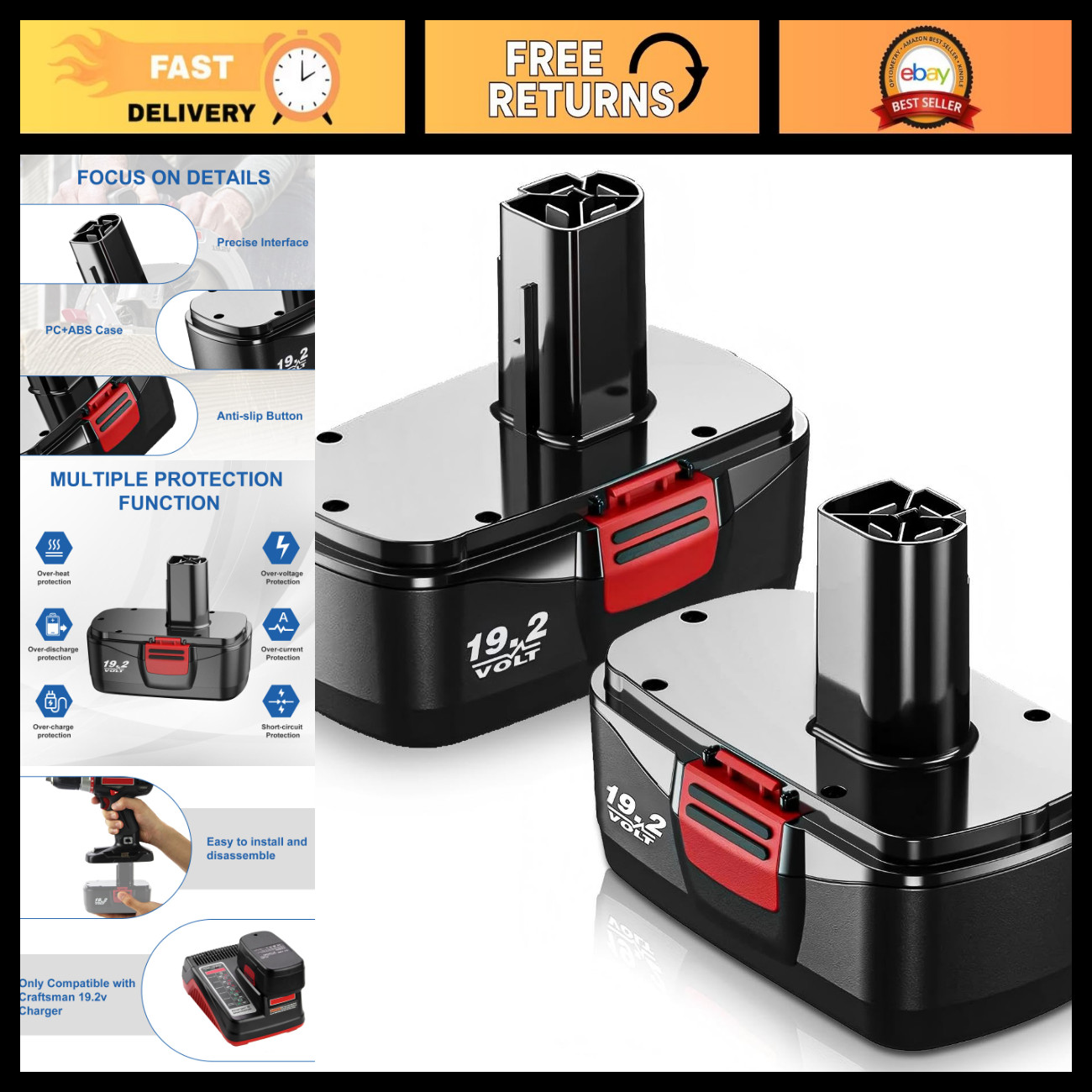 2-Pack 4500mAh High-Capacity Replacement Batteries for 19.2V Power Tools