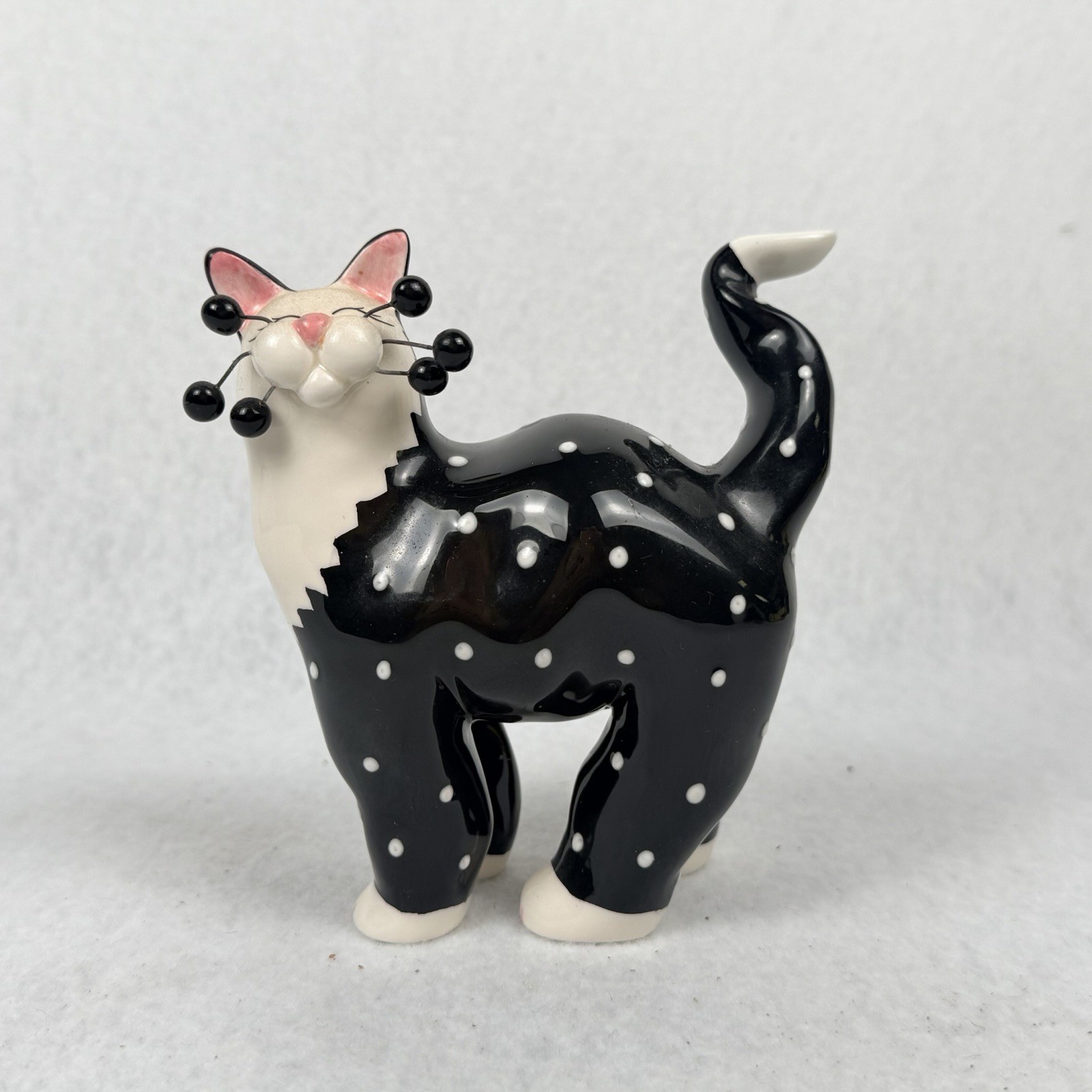 Vintage 2001 Amy Lacombe WhimsiClay Sabrina Cat Figurine Black White Polka Dot