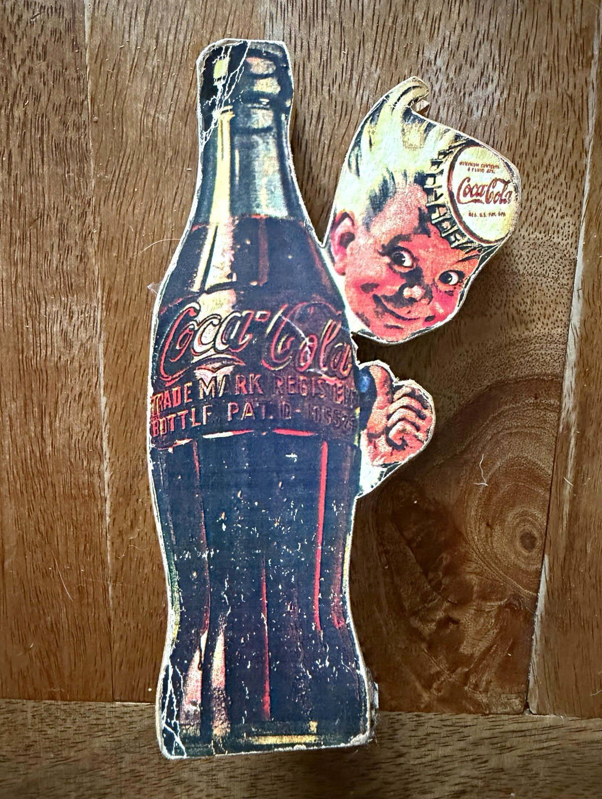 Vintage 1940s Coca Cola Die Cut Cardboard Advertising Sign Bottle Cap Man 6.5” Vintage 1940s Coca Cola Die Cut Cardboard Advertising Sign Bottle Cap Man 6.5”