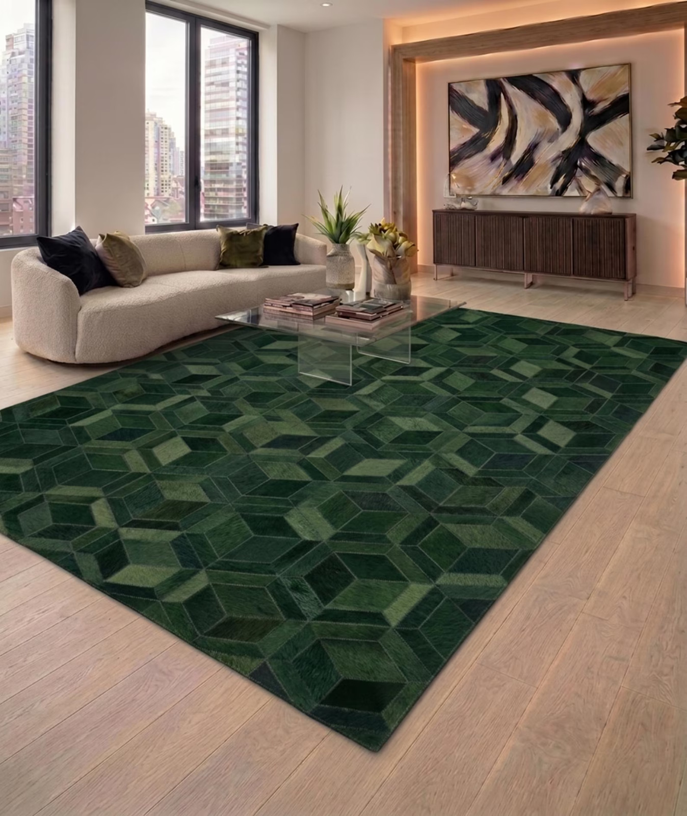 Handmade Green Patchwork Cowhide Leather Rug | Modern Geometric Area Rug Carpet