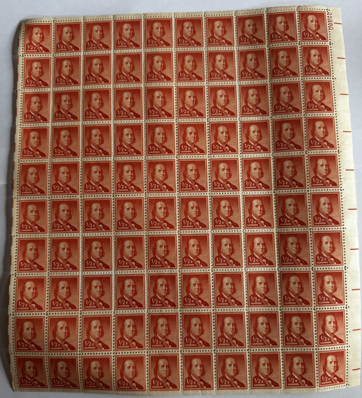 US Scott 1030 1/2c. Benjamin Franklin FULL SHEET  MNH 1958